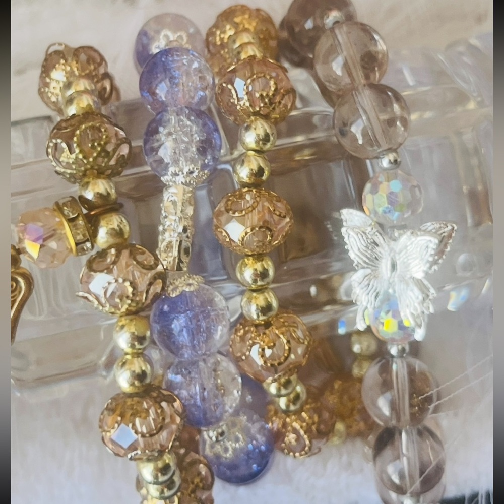 Elegant Gold and Purple Beaded Bracelet Set